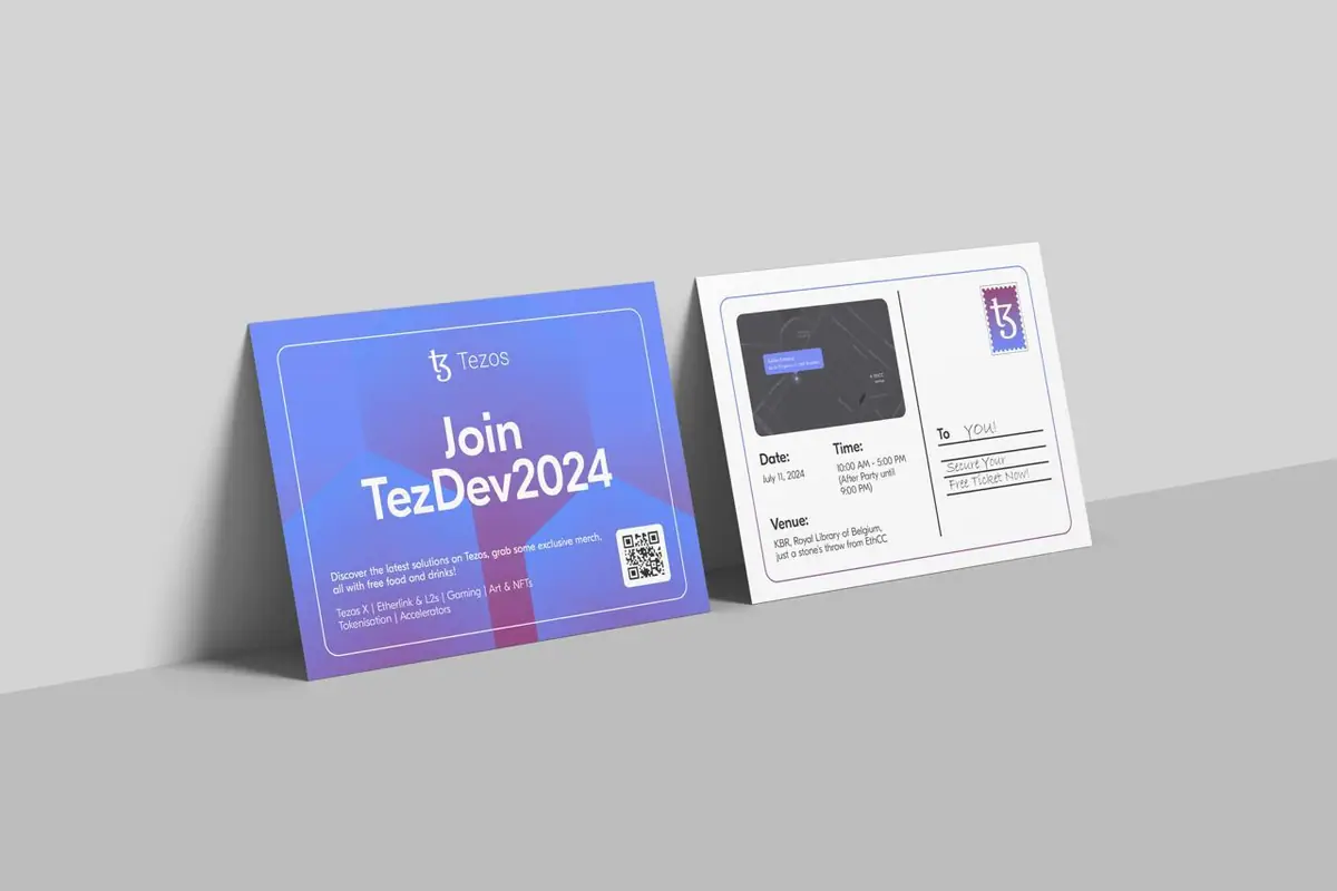Открытка TezDev 2024: приглашение и адресная сторона